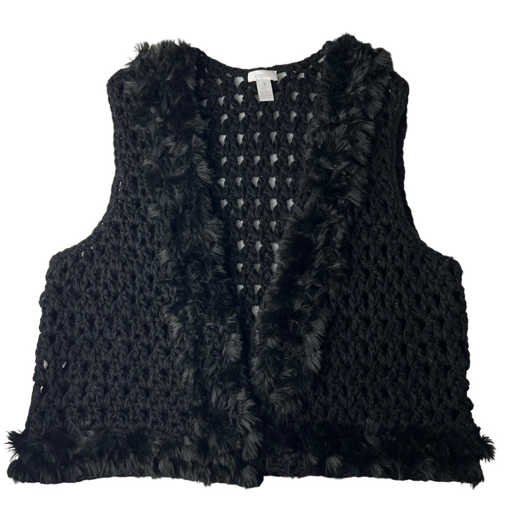 Chico’s Black Crochet Vest With Faux Fur Trim Sweater Size 3 XL 16 Boho Western